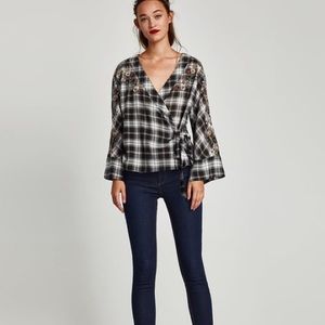 Wrap front tie embroidered check plaid top